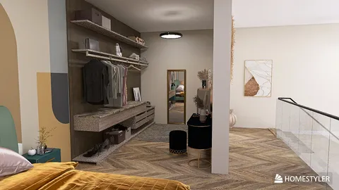 modern bedroom layout featuring smart furniture arrangement with a cozy atmosphere providing space optimization for comfortable living, showcasing Homestyler's real-time 3D rendering feature.