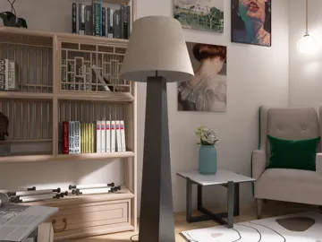 modern floor lamp illuminating a chic reading nook in a stylish living room, featuring smart furniture arrangement for optimal space utilization with Homestyler's intelligent furniture layout feature.