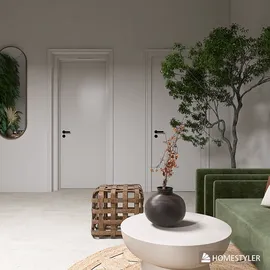 modern living room with green sofa and decorative plant, showcasing interior design with smart furniture arrangement, featuring Homestyler's real-time 3D rendering for an immersive experience.
