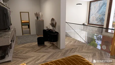 A modern interior showcasing a stylish bedroom and lounge area, featuring a sleek furniture arrangement in a contemporary style, optimized for space efficiency using Homestyler's real-time 3D rendering feature.