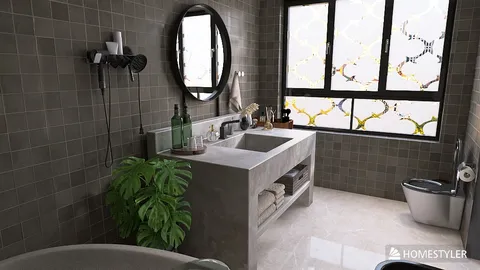 Modern bathroom design featuring a sleek concrete vanity and stylish fixtures, showcasing efficient space utilization with smart furniture arrangement using Homestyler's real-time 3D rendering feature.