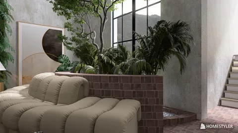 cozy sectional sofa arranging in a modern indoor garden style living space with tropical plants; features Homestyler's real-time 3D rendering for quick design previews.