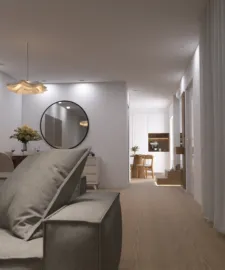 Modern living room featuring a cozy grey sofa, showcasing an open layout design for optimized space utilization, enriched with Homestyler's real-time 3D rendering feature to visualize interior decor in a modern style.