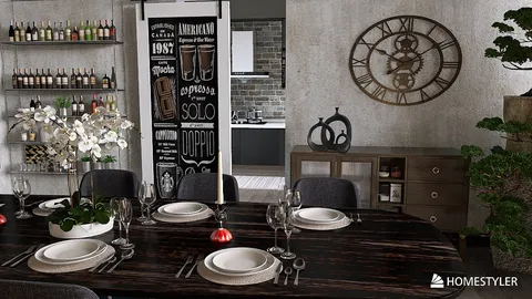 dining table with elegant place settings showcasing a rustic design in a contemporary dining space using Homestyler's real-time 3D rendering feature.