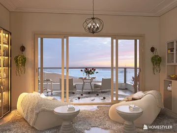 cozy living room with panoramic sea view showcasing modern decor and furniture arrangement in a minimalist style, featuring Homestyler's real-time 3D rendering feature for design previews.