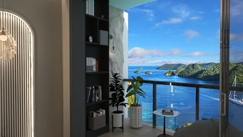 modern balcony design with scenic ocean view and indoor plants, featuring AR virtual furniture placement for enhanced decor selection.