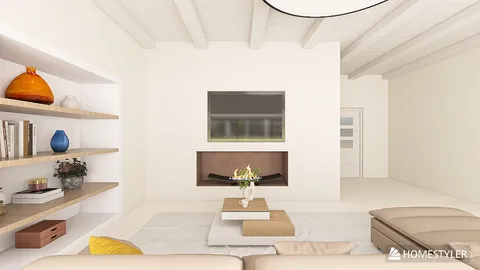 living room with modern furniture arrangement featuring a cozy sofa, a coffee table, and a minimalist shelf design, showcasing a neutral color palette and clean lines; ideal for interior decor inspiration including a Homestyler core function of real-time 3D rendering for quick design previews.