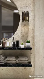 modern bathroom shelf with neatly rolled towels and decorative plants, featuring a circular mirror and a stylish light fixture, showcasing a contemporary interior design aesthetic; highlighting Homestyler's real-time 3D rendering feature for effective design proposal presentation.