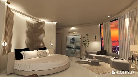 Cozy bedroom featuring a round bed and modern seating arrangement, showcasing an elegant contemporary style with a focus on relaxation and serenity. Utilizing Homestyler's real-time 3D rendering to visualize interior design.
