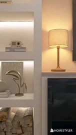 shelving unit with decorative items and a lamp illuminating the space in a modern design style, showcasing interior decor ideas using Homestyler's real-time 3D rendering feature.