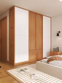 A modern wooden wardrobe in a cozy bedroom, showcasing a sleek design and seamless integration into the space, highlighting interior decor features optimized using Homestyler's real-time 3D rendering.