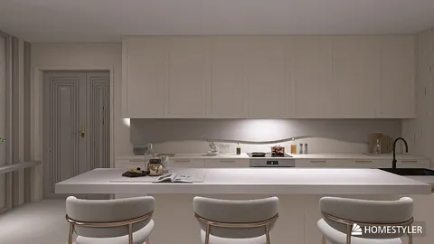 modern kitchen design featuring an elegant layout and soft lighting, showcasing interior decor elements; includes a Homestyler core function of real-time 3D rendering for design proposal presentation.