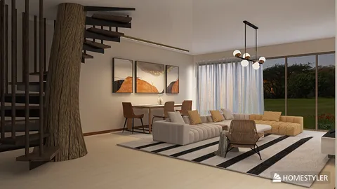 living room with a modern sofa arrangement and artistic wall decor featuring a staircase design, showcasing contemporary style and spacious layout, includes Homestyler's real-time 3D rendering feature.