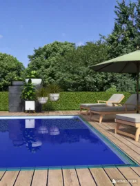 stunning swimming pool area with comfortable loungers and a parasol, featuring a modern outdoor style, ideal for relaxation and leisure, utilizing Homestyler's real-time 3D rendering feature to visualize design.