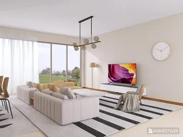 Modern living room featuring a spacious layout with stylish furniture arrangement, emphasizing comfort and aesthetics, utilizing Homestyler's real-time 3D rendering for design visualization.
