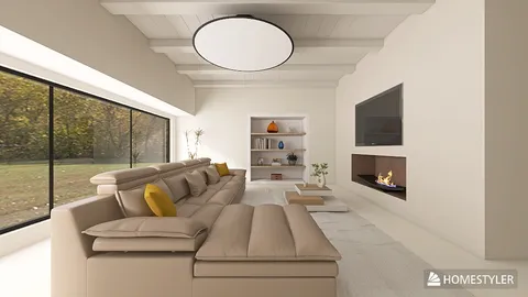 Modern living room featuring a spacious sectional sofa arranged for comfort and relaxation with a contemporary design aesthetic, showcasing lightweight materials and neutral color palette, utilizing Homestyler's real-time 3D rendering for accurate space visualization.