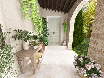 Outdoor entrance with plants and wooden table providing a welcoming atmosphere, showcasing a rustic style with natural elements, ideal for interior decor using Homestyler's real-time 3D rendering feature.