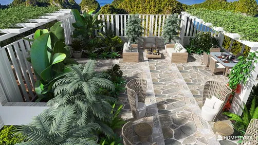 outdoor garden design featuring a stone pathway with lush greenery and seating area, showcasing a tropical style that optimizes small outdoor spaces with Homestyler's real-time 3D rendering functionality.