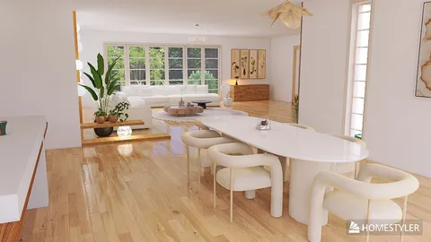 Modern dining room with elegant table setting featuring soft round chairs, designed with a minimalist aesthetic, showcasing a functional interior layout that enhances spaciousness using Homestyler's real-time 3D rendering feature.