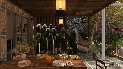 cozy indoor garden setting with a rustic wooden dining table featuring fruits and candles, showcasing a harmonious blend of nature and comfort using Homestyler's real-time 3D rendering for vibrant interior design visualization.