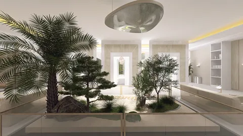 Indoor garden design featuring lush greenery and natural elements, creating a tranquil oasis style, enhancing the space's relaxation value with Homestyler's real-time 3D rendering.