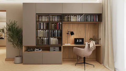 modern home office with wooden accents and organized bookshelf featuring real-time 3D rendering for interior design visualization using Homestyler