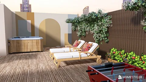 outdoor lounge area featuring wooden loungers with cushions and a hot tub, designed in a contemporary style to enhance relaxation and comfort using Homestyler's real-time 3D rendering.