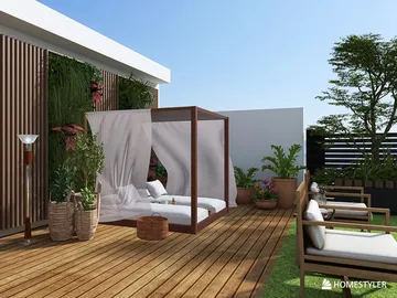 outdoor lounging area with a canopy bed and seating arrangement featuring tropical plants in a modern aesthetic, showcasing homestyler's real-time 3D rendering capability for outdoor design spaces.