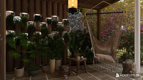 cozy outdoor seating with plants and a hanging chair in a natural style creating a tranquil garden space featuring Homestyler's real-time 3D rendering.