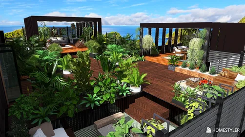 Green landscape with a modern outdoor deck design featuring lush plants and seating areas, showcasing 3D interior design using Homestyler's real-time 3D rendering for an immersive preview.