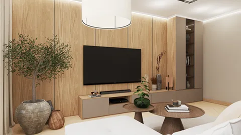 modern living room with wooden wall paneling and elegant decor featuring 3D interior rendering, showcasing Homestyler's real-time 3D rendering feature for seamless design previews.