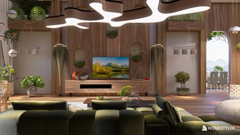 modern living room featuring a cozy sofa arrangement with a focus on natural materials, showcasing a relaxing interior design aesthetic; utilizing Homestyler's real-time 3D rendering for quick previews.