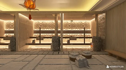 spa area with soothing lighting featuring stone elements and wooden shelves using real-time 3D rendering for an immersive interior design experience with Homestyler.