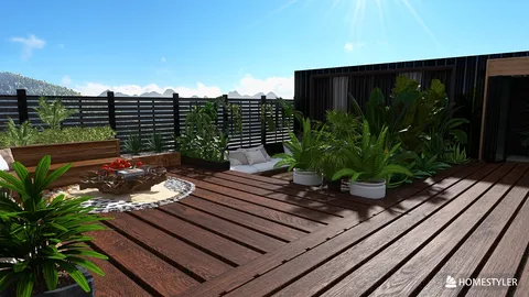 rooftop garden design showcasing lush plants and seating area in a modern style, enhancing outdoor living space value, featuring Homestyler's real-time 3D rendering capability