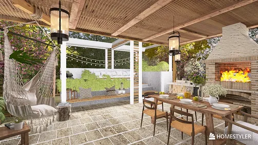 outdoor seating area with a dining table and barbecue grill showcasing a rustic design in a garden environment, featuring Homestyler's real-time 3D rendering for detailed outdoor space visualization.