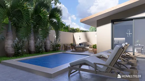 outdoor pool area with comfortable lounge chairs, relaxing ambiance, modern layout, featuring homestyler's real-time 3D rendering for design visualization.