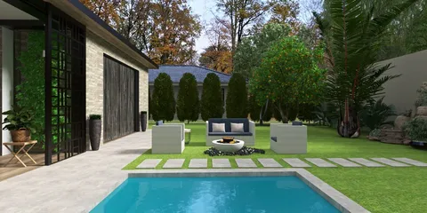 Outdoor seating area with a swimming pool and landscaped garden in a modern style showcasing a 3D rendering of an exterior space; features Homestyler's real-time 3D rendering for effective design previews.