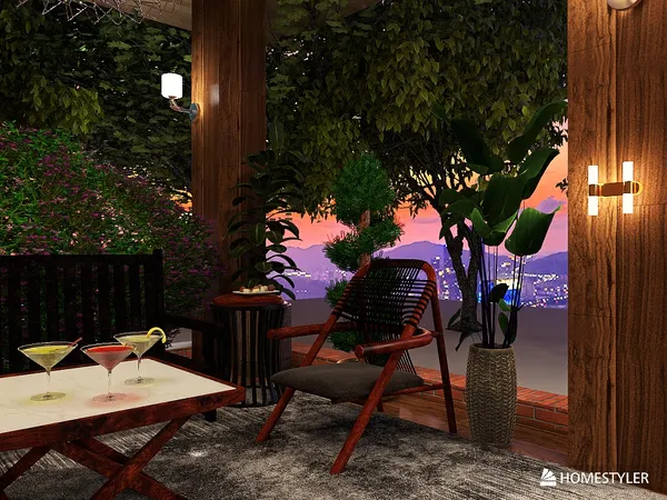 cozy outdoor seating area with stylish furniture enjoying a sunset view, featuring interior design with a focus on outdoor living spaces using Homestyler's real-time 3D rendering feature