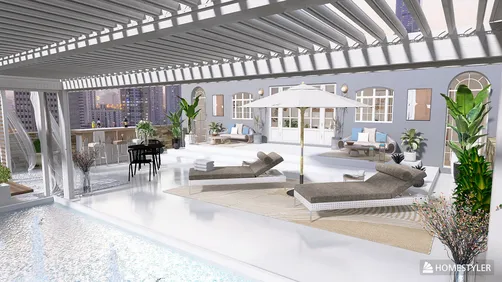 outdoor lounge area with sun loungers and dining set arranging in a modern style, showcasing an elegant retreat space for relaxation, utilizing Homestyler's real-time 3D rendering feature.