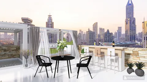 outdoor terrace seating area with modern dining furniture offering city skyline views in contemporary style, featuring Homestyler's real-time 3D rendering.