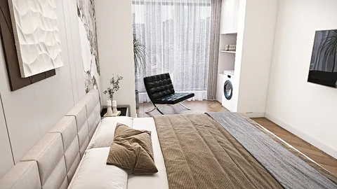 Bedroom design featuring a modern bed arrangement with soft textures, showcasing a minimalist style, ideal for creating a cozy atmosphere. Includes Homestyler's real-time 3D rendering feature for effective design preview.