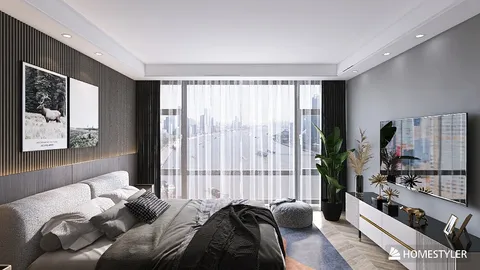 modern bedroom interior design featuring a spacious layout with a stylish bed and city view, enhanced by Homestyler's real-time 3D rendering for accurate design visualization.