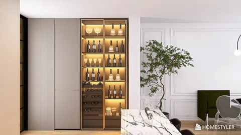 Modern cabinetry display showcasing a wine rack and glassware in a contemporary dining room, optimizing space with smart furniture arrangement using Homestyler's 3D rendering feature.