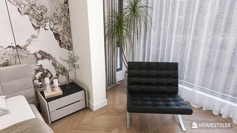Modern black lounge chair featuring minimalist design arranged in a stylish bedroom with a view, showcasing contemporary interior design trends and utilizing Homestyler's real-time 3D rendering feature.
