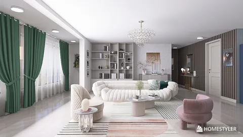 Modern living room featuring a comfortable curved sofa, designed with a chic and contemporary style, showcasing an elegant interior decor theme; utilizing Homestyler's real-time 3D rendering for a quick design preview.