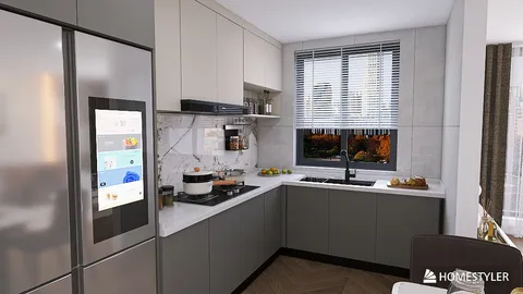 Modern kitchen design featuring sleek cabinetry, cooking appliances, and a cozy dining area, showcasing interior decor optimization with Homestyler's real-time 3D rendering.