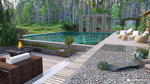 outdoor swimming pool with wooden deck featuring lounge chairs and a fire pit in a modern garden setting, showcasing contemporary outdoor design with Homestyler's real-time 3D rendering feature