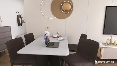 Modern dining area featuring a sleek marble table with a laptop on it, designed for a cozy workspace, showcasing contemporary style and optimized with Homestyler's real-time 3D rendering capability.