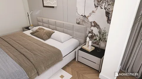 Modern bedroom with a cozy bed and stylish nightstands, featuring a contemporary design and warm color palette, utilizing Homestyler's real-time 3D rendering for a realistic preview.