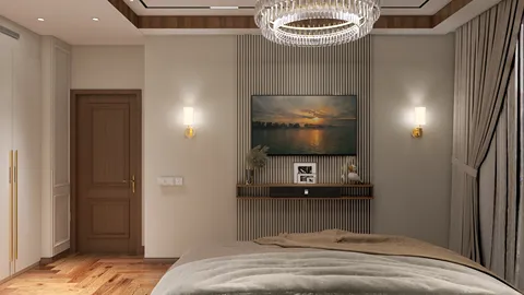 Elegant bedroom design showcasing a stylish bed with cozy bedding, incorporating warm wood tones and soft lighting, emphasizing relaxation and comfort; featuring Homestyler's real-time 3D rendering capability to visualize the space.
